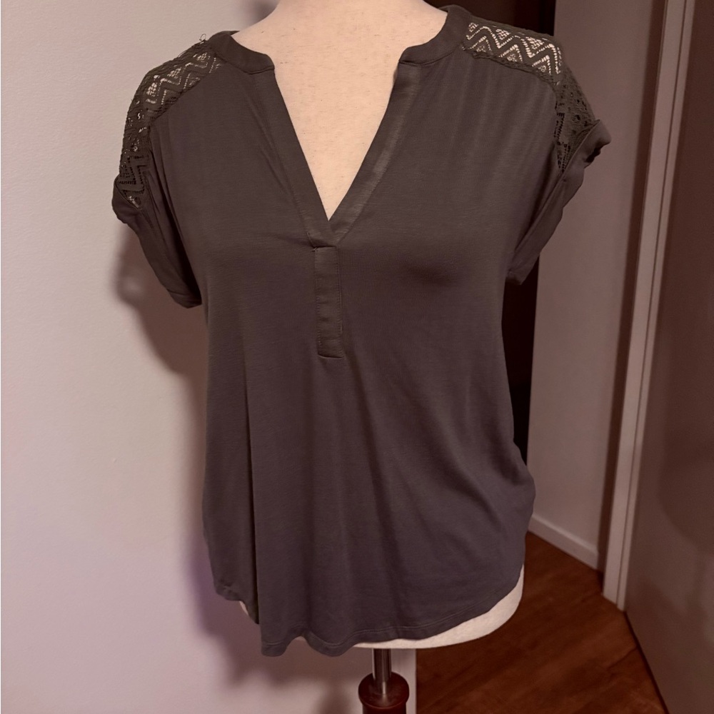 Olive Green Women's Blouse with Lace Accents